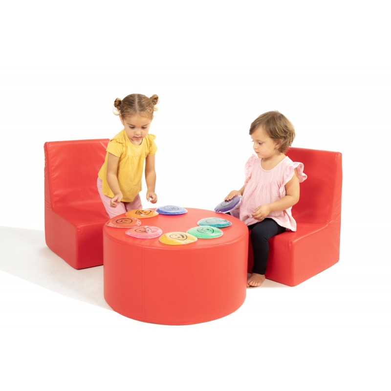 Corner set with 2 chairs + cylindrical table in synthetic leather