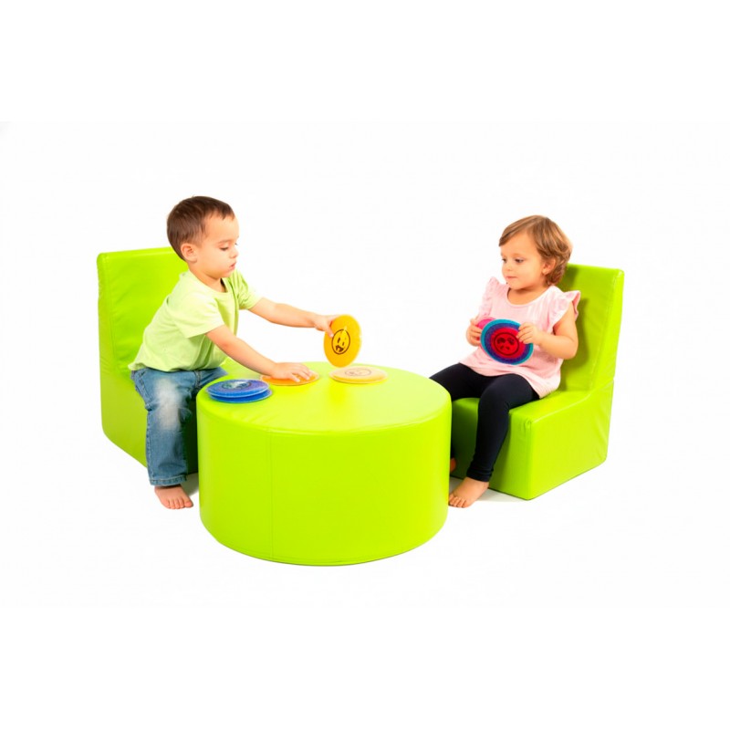 Corner set with 2 chairs + cylindrical table in synthetic leather