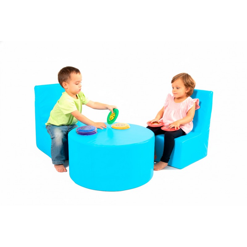 Corner set with 2 chairs + cylindrical table in synthetic leather