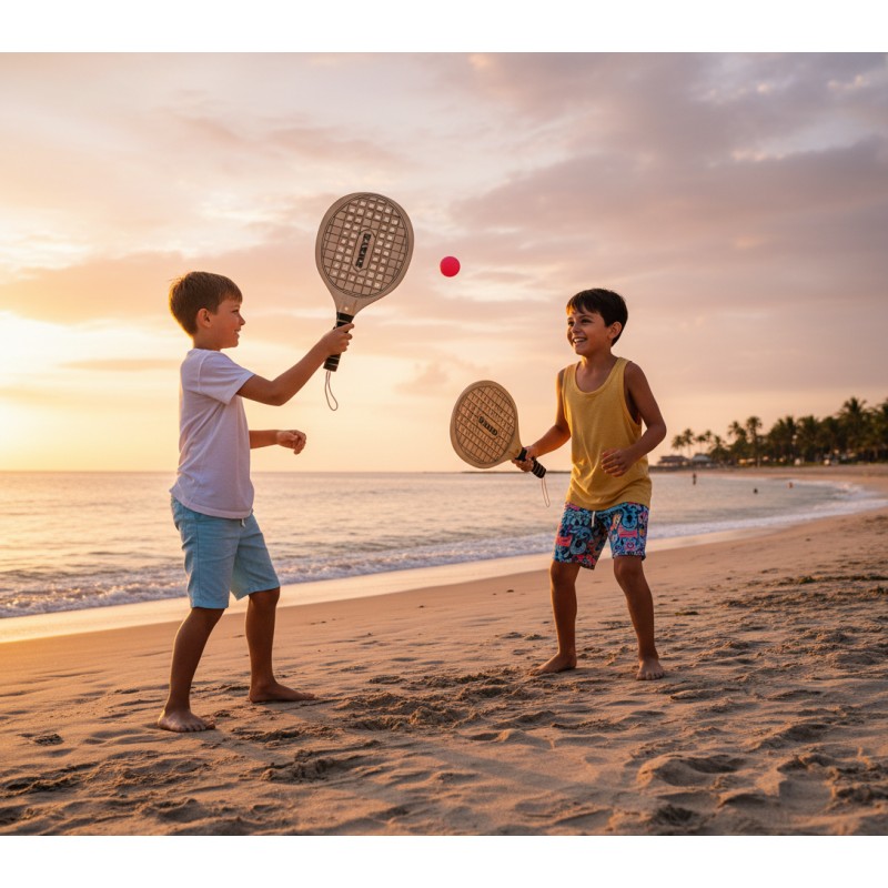 Set of 20 Wooden Beach Paddle Games (2 Rackets + Ball)