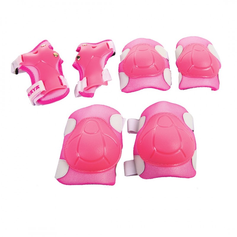Knee pads, elbow pads, and wrist guards for children. Blue or pink.